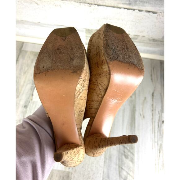 Stuart Weitzman Womens 9 Tan Cork Platform High Heel Slingback Pumps Heels - Picture 6 of 9